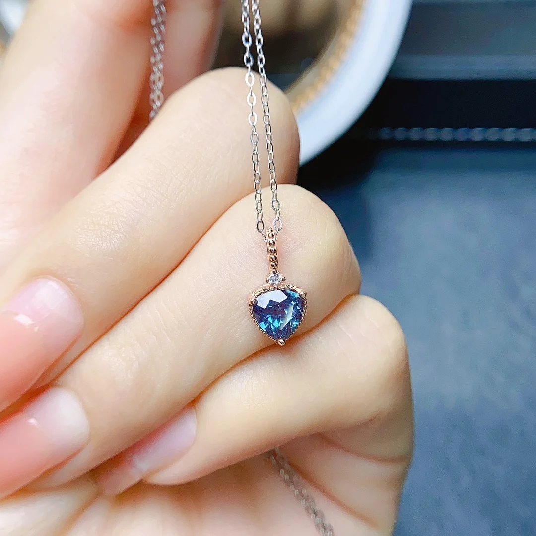 Dainty Trillion Cut Color-Change Alexandrite Pendant Necklace 925 Silver Rose Gold June Birthstone Wedding Alexandrite Necklace