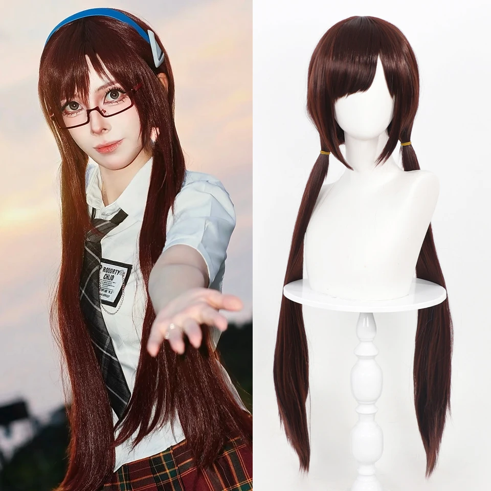 90CM Mari Makinami Cosplay Wigs Long Straight Brown Double Ponytail Synthetic Hair Wig For Women Anime Role-playing Costume Wig