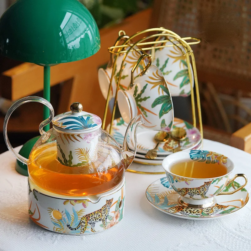 

English British Tea Set Glass Fruit Teapot porcelain Coffee Cup Flower Tea Pot and Cup Set Saucer Spoon Holding Furnace Teaware