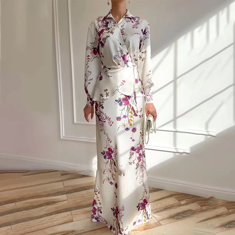 Spring Fashion Floral Print Slim Fit Suit Elegant Lace Up Party Outfits Ladies V-neck Long Sleeved Top and Skirt Two Piece Sets