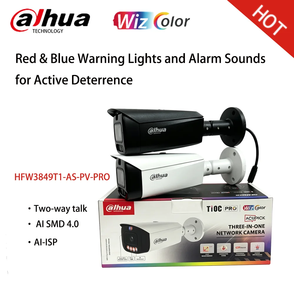 Dahua IPC-HFW3849T1-AS-PV-PRO 8MP WizColor TiOC PRO Red & Blue Warning Lights and Alarm Sounds Built-in Dual Mic & Speaker IP67