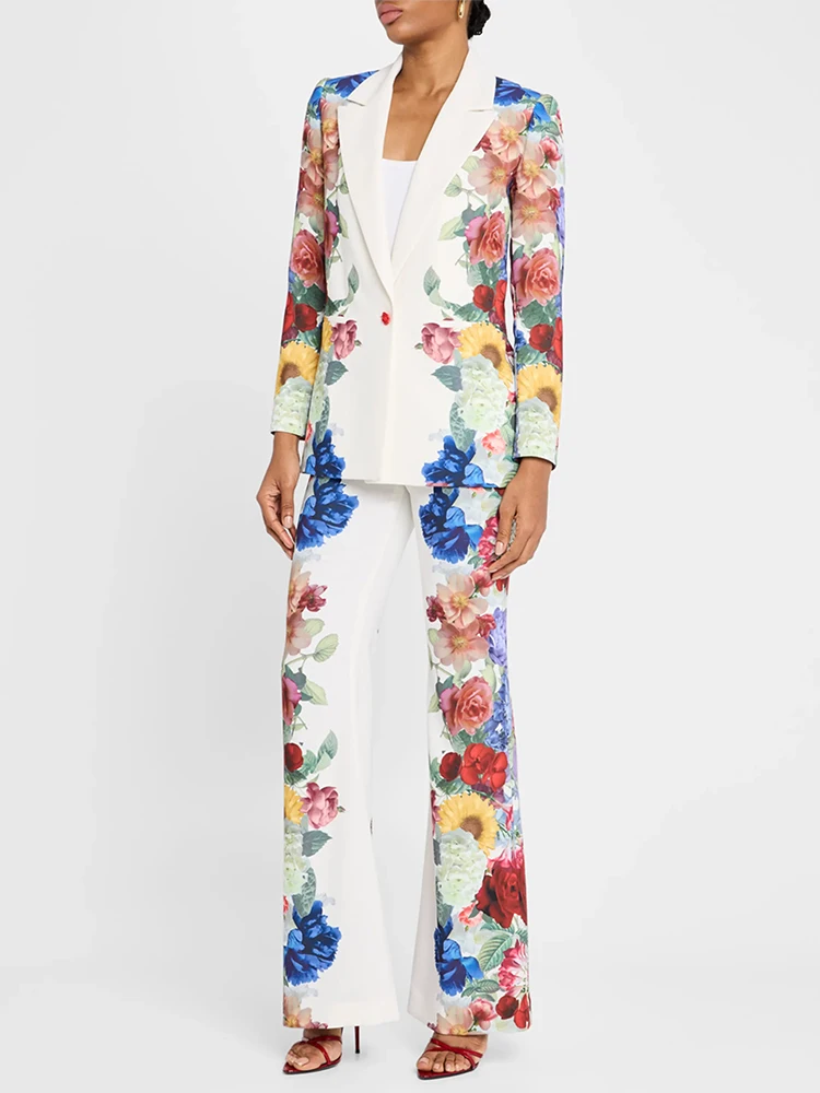HIGH STREET Newest 2026 Designer Runway Suit Set Women's Gorgeous Floral Printed Blazer Pants Suit 2pcs