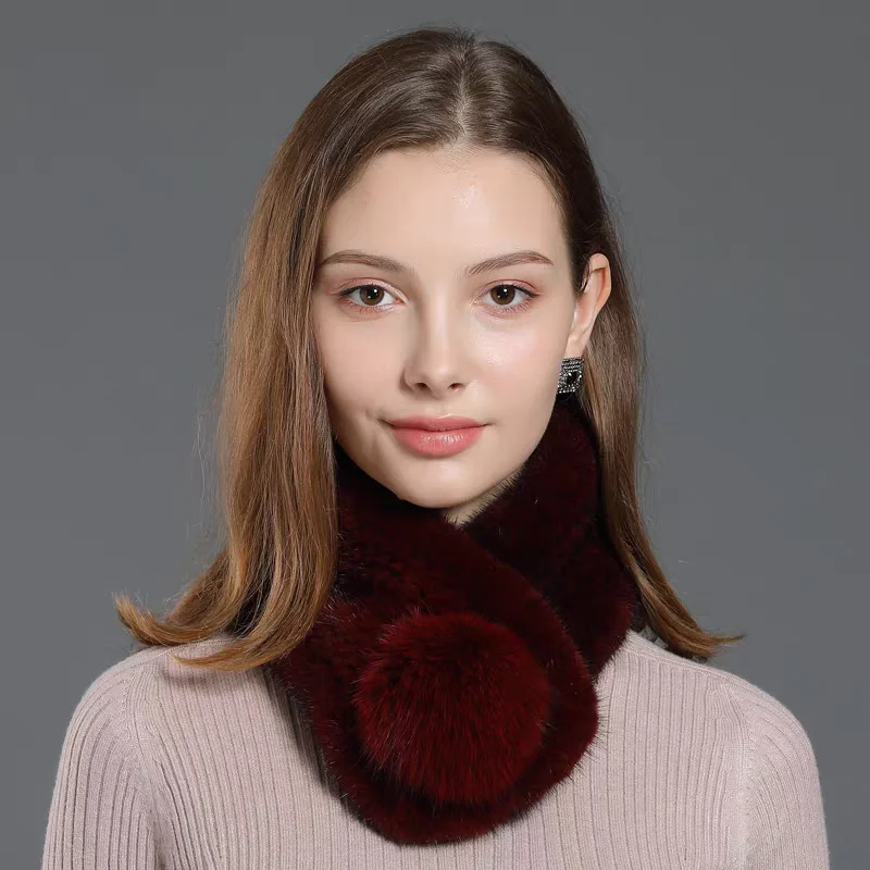 Short Fashionable Design Knitted Lady Winter Neck Warmer Real Mink Fur Scarf with Fox Fur Ball view 4