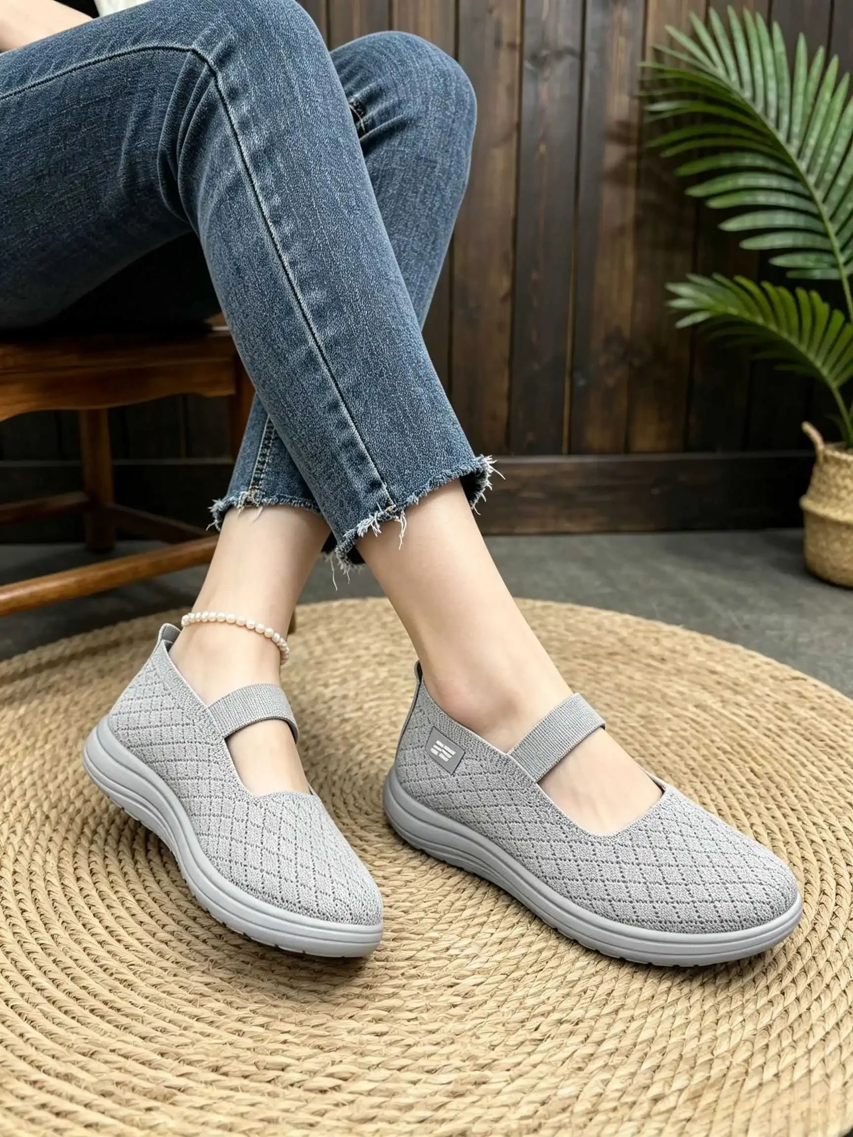 Damen Herbst Mary Jane Plateau-Flats aus Strick-Mesh, atmungsaktiv, mit elastischem Riemen, weich, rutschfest, leicht, für den täglichen Gebrauch. – Detail 1