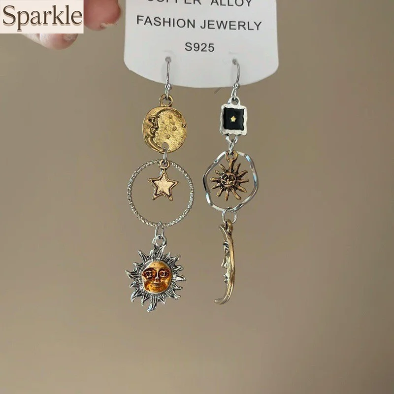 

Asymmetrical Sun And Moon Tassel Drop Earrings For Women Girls Trendy exaggerate Light Long Charm Pendant Earring Y2K Gothic