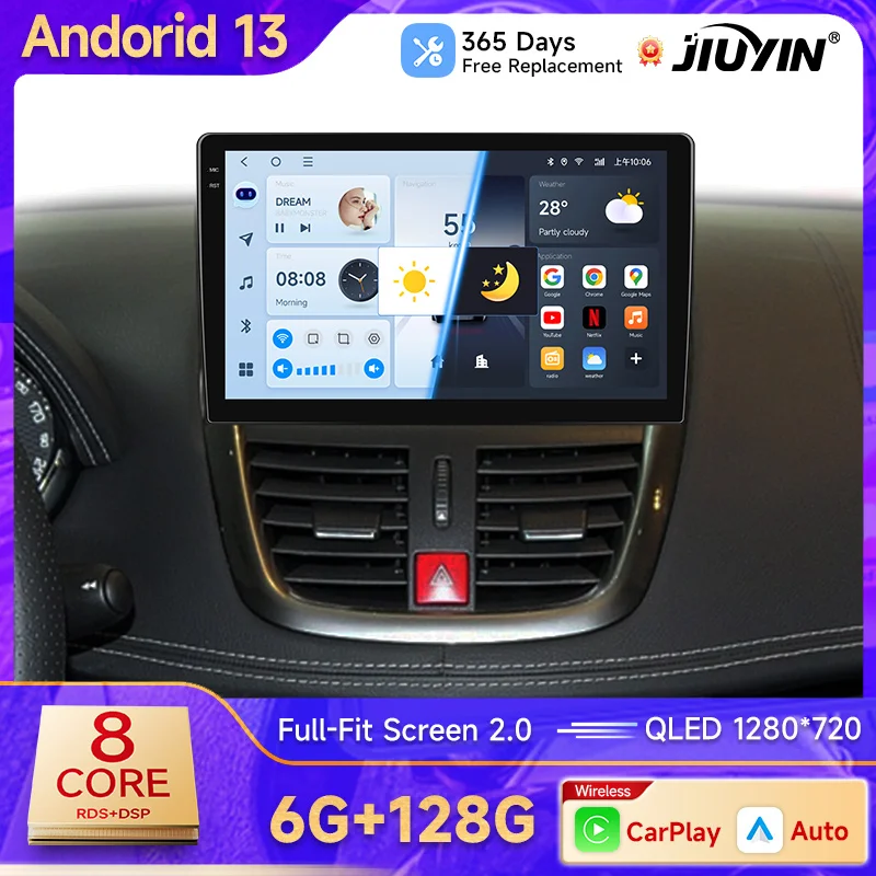 JIUYIN Wireless CarPlay Android 13 Auto Radio for Peugeot 207 207CC 2006 2007 2008 2009 2010 2011 2012- 2015 GPS 2din autoradio