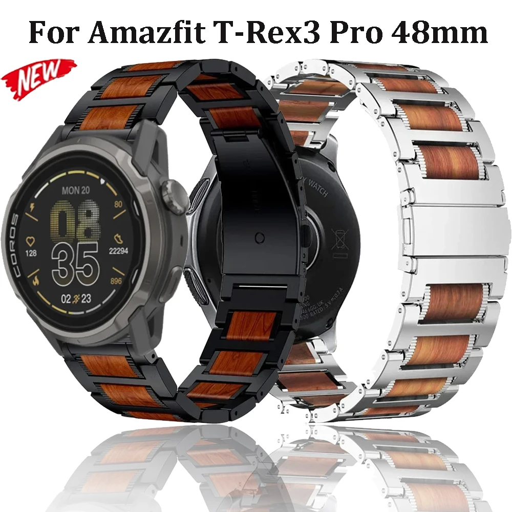 22mm Metal Red Sandalwood Strap For Amazfit T-Rex3 Pro 48mm/Bip 6-5 Butterfly Buckle Bracelet For Huawei Watch GT6-5-4 46mm Belt