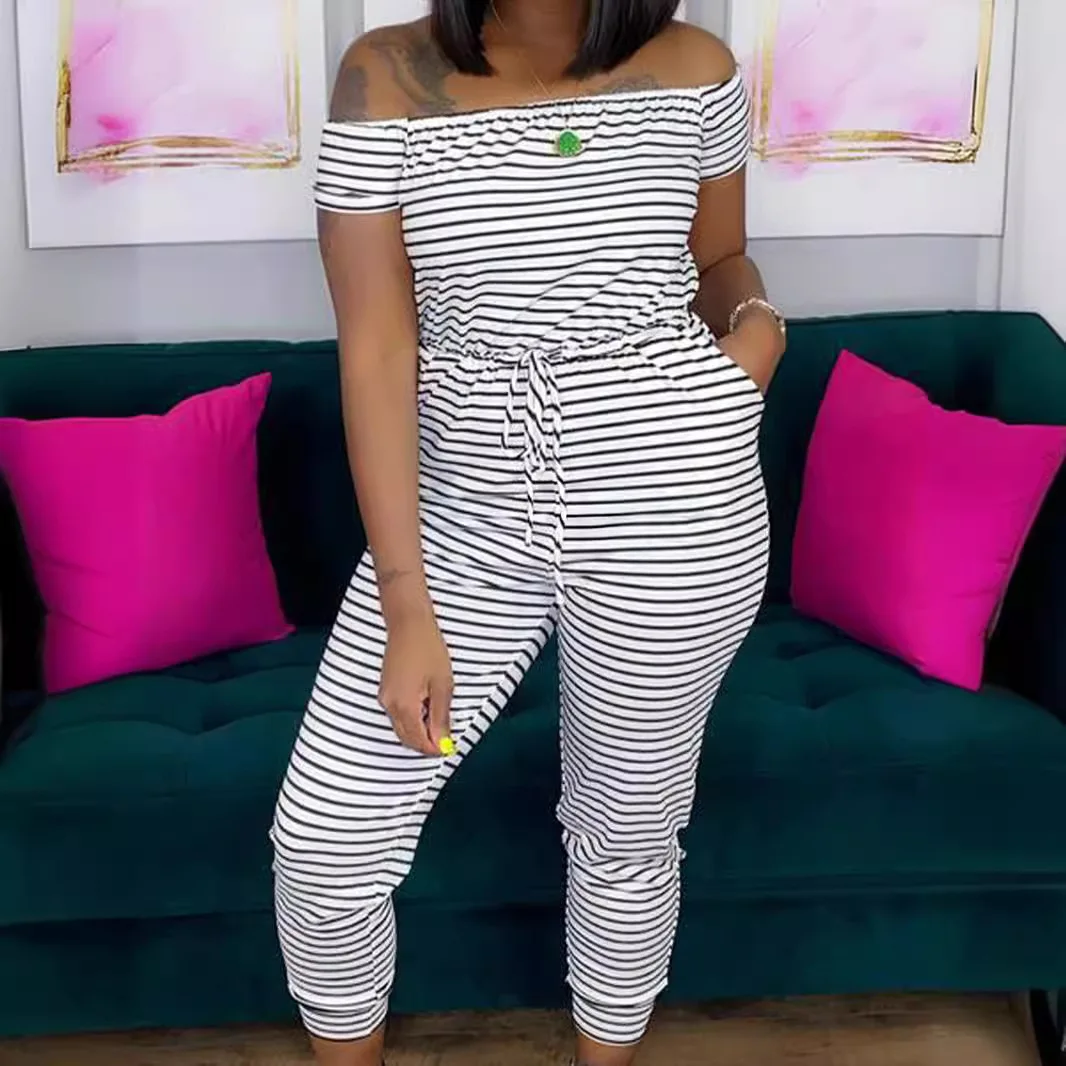 TW134 Женский повседневный, модный, универсальный и модный домашний комфортный комбинезон в полоску на одно плечо