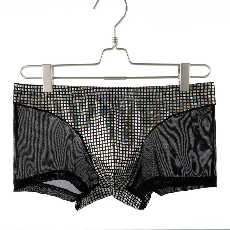 Men Boxers Taste Underwear Mesh Patchkwork Sexy Shorts Men's Underwear Shinning Low Waist Bikini Underpants