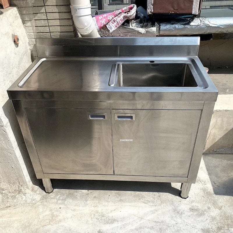 Stainless Steel Commercial Kitchen Sink Cabinet Floor Integrated Dishwashing Sink with Operating  Wash Basin for Restaurant