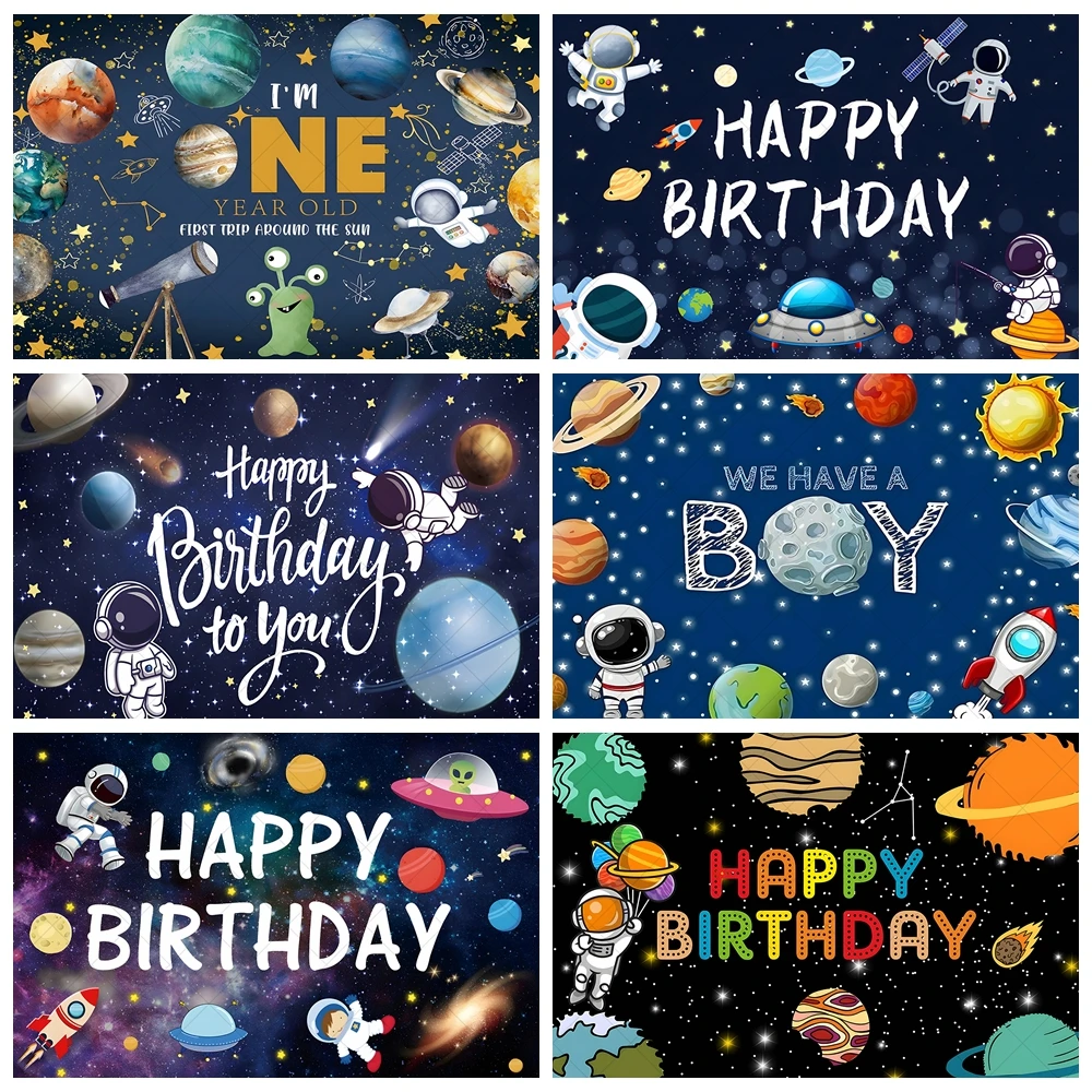 

Cartoon Astronaut Space Rocket Kid Birthday Party Banner Backdrop Custom Universe Child Room Photography Poster Decor Background