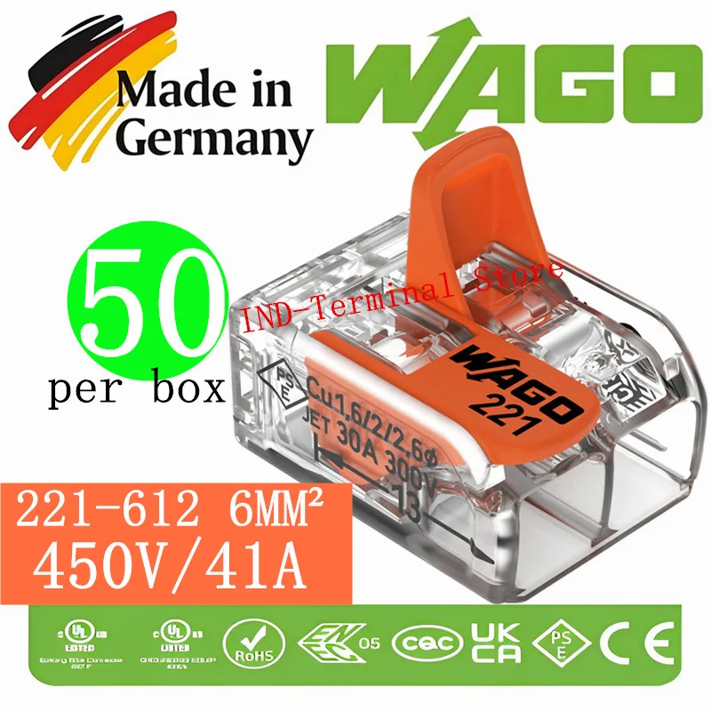 

50 шт. в коробке, оригинальные разъемы WAGOs 221-612, 2 отверстия, 6 мм2, быстрая клемма с рычагом, компактный разъем для проводов, прозрачный оранжевый