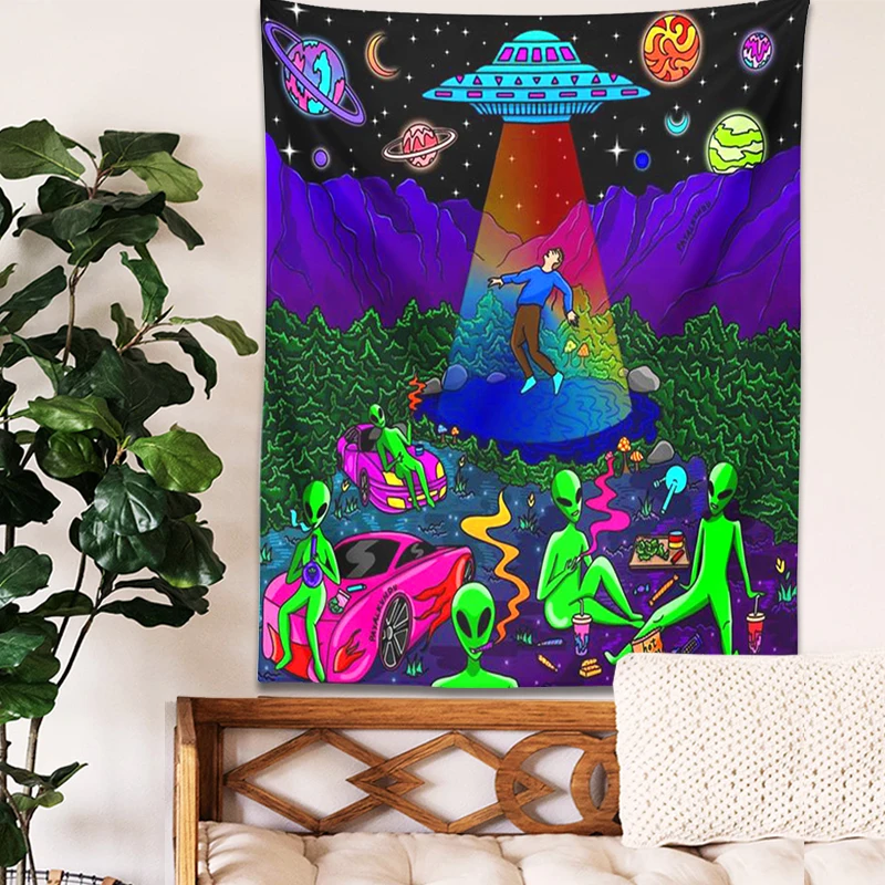 Alien Tapestry Wall Hanging UFO Cartoon Illustration Hippie Art Tapestries planet psychedelic for Living Room Home Dorm Decor