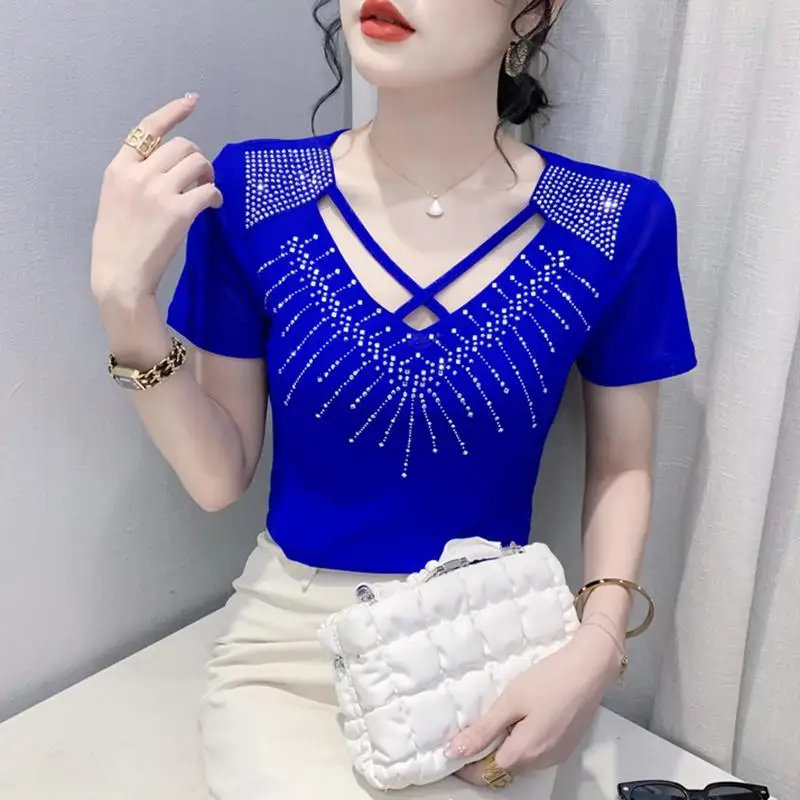 Hollow Out V Neck Net Yarn T Shirts Women\'s Short Sleeve Summer New Solid Color Slim Office Tops Tees Elegant Fashion Clothing