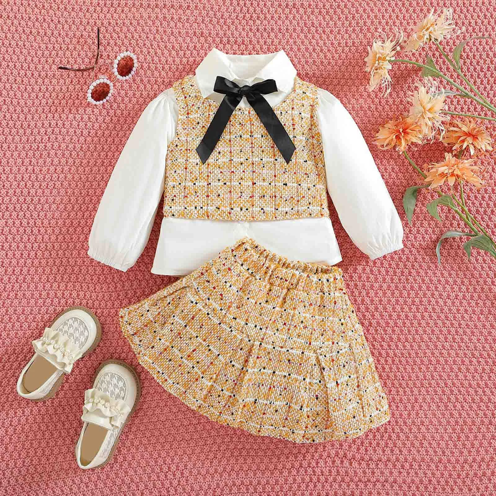 Fashionable Children's Clothing For Girls 2 to 6 Years Necktie Shirts+Waistcoat Jacket+Skirts Tweed Toddler Girls Outfit Sets