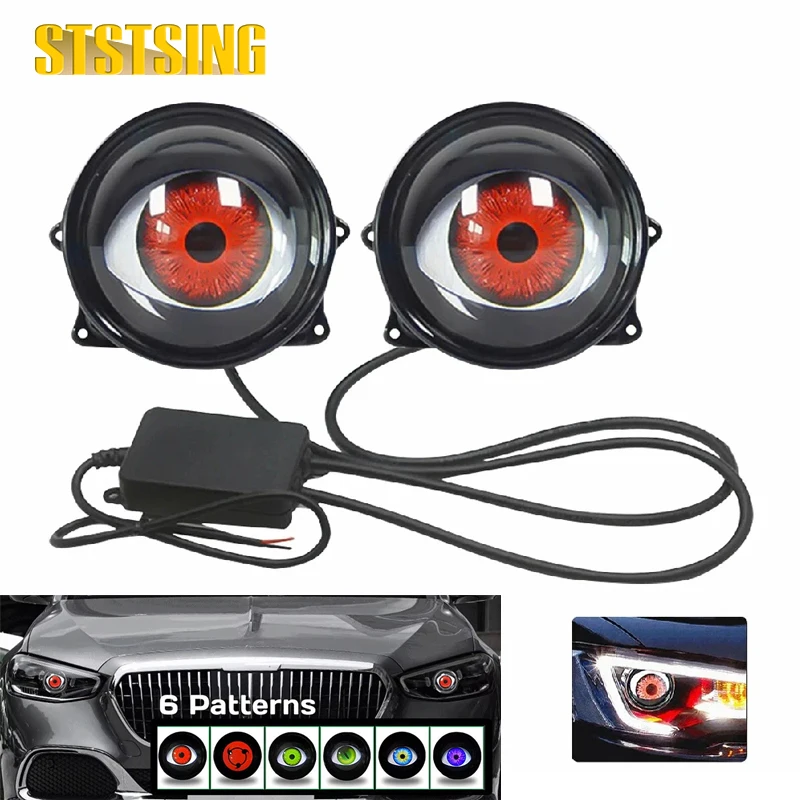2PCS Dynamic Devil Eyes LED Car Headlight, Blinking Red Demon Eyes Halloween Headlights with Color Lenses for Eyes