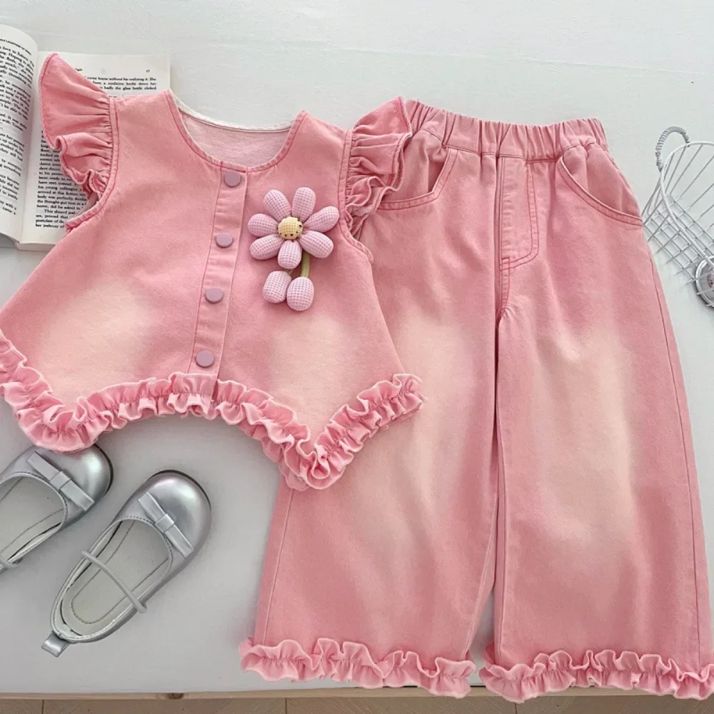 

Autumn Fashion Pink Children's Suit White Long Sleeve Shirt+3D Flower Vest+Pants Three Piece Set Lace Splicing Girls' Clothing
