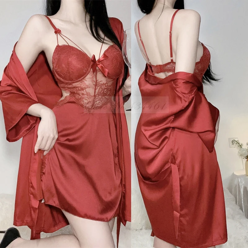 Sexy Patchwork Lace 2PCS Robe Nightgown Set Summer Female Sleepwear Intimate Lingerie Loose Silk Satin Home Dress Loungewear