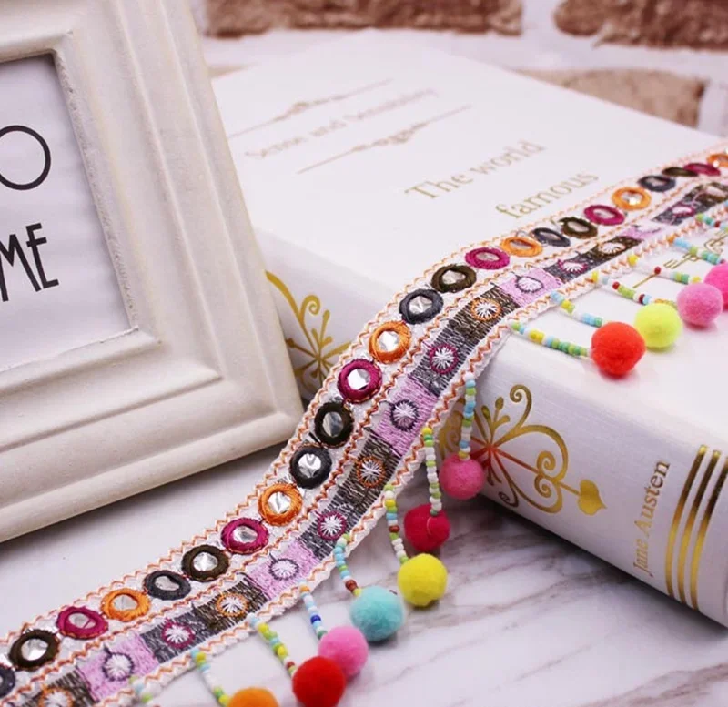 1 Yard/Los Ethnische Quasten-Stickerei-Spitzenborte Boho Handgefertigte Quastenborte für Kleidung, Accessoires, Stoff, Spitzenband, Borte – Detail 8