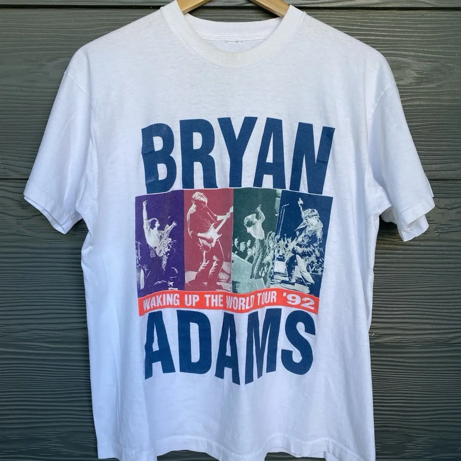 Vintage 90s 1992 Bryan Adams Tour T SHIRT Waking Up The World Mens XL Band White vintage Washed graphic Stylish Soft Unisex