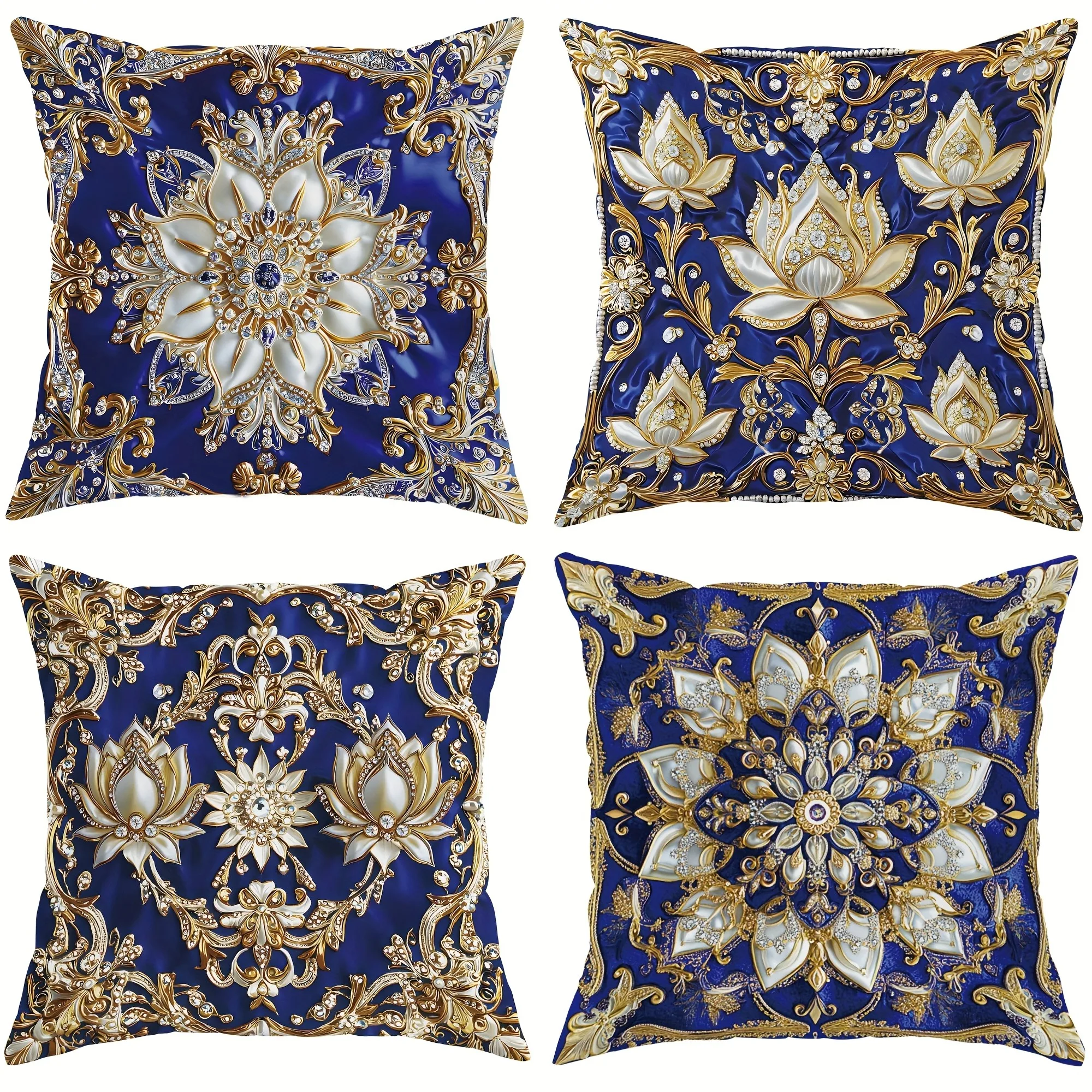 Luxurious royal blue and gold gorgeous floral pattern pillow cover, living room sofa chair cushion cover, room decoration