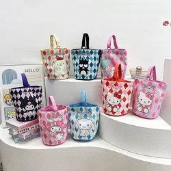 Sanrio Bag Hello Kitty Canvas Checkered Bucket Bag Cute Cartoon Kuromi My melody Cinnamoroll Outdoor Handbag Children Girls Gift