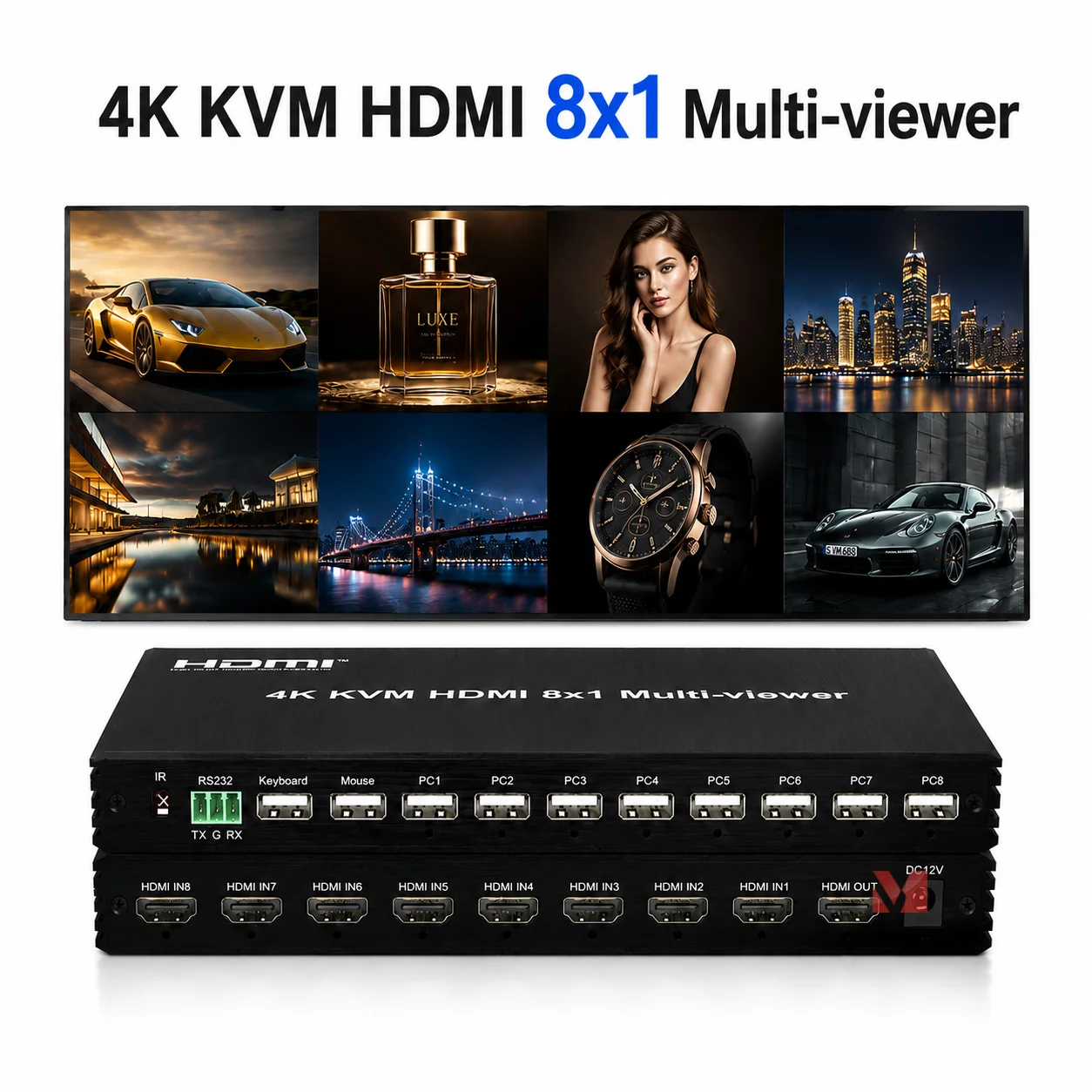 4K KVM Switch HDMI 8x1 Multi-viewer 8 Port Screen Segmentation USB Keyboard Mouse Control IR RS232 for PC Desktop