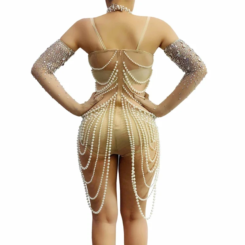 Pearls Bodysuit Rhinestones Gloves Women Sexy Pole Dance Gogo Wear Nightclub Dj Ds Rave Outfit Drag Queen Costume