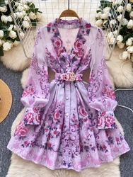 France Elegant Vintage Palace Evening Dress Women Sashes Button Print Short Party Dress Female Casual Chic Festival Clothing New