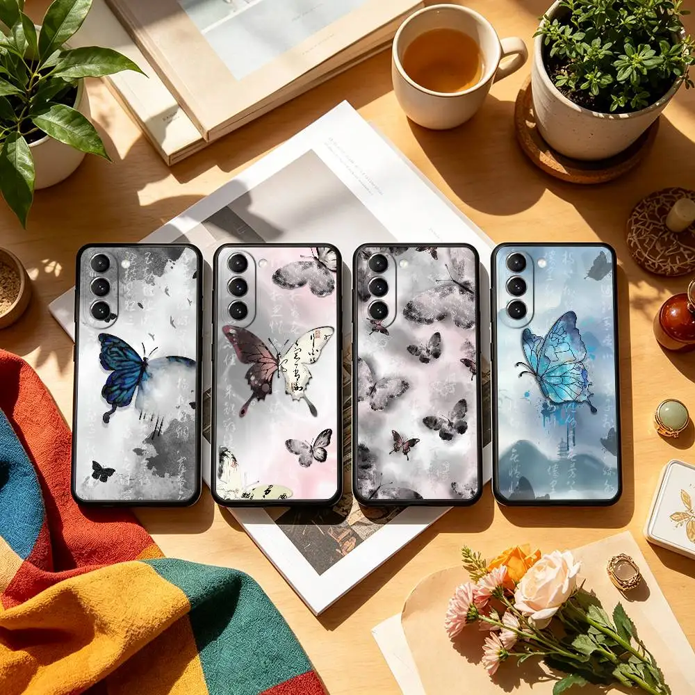 Ink wash painted butterfly  Phone Case Black Silicone Soft For Samsung S26,S25,S24,S23,S22,S21,S30,Ultra,Plus,Fe,Lite
