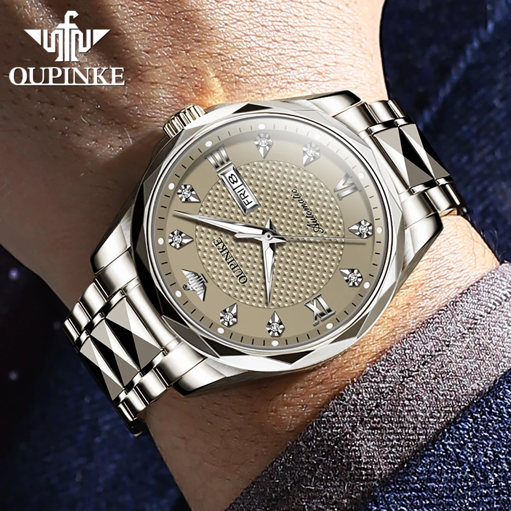 OUPINKE 3243オリジナル高級ステンレススチールメンズ腕時計自動巻き機械式防水夜光サファイアミラー