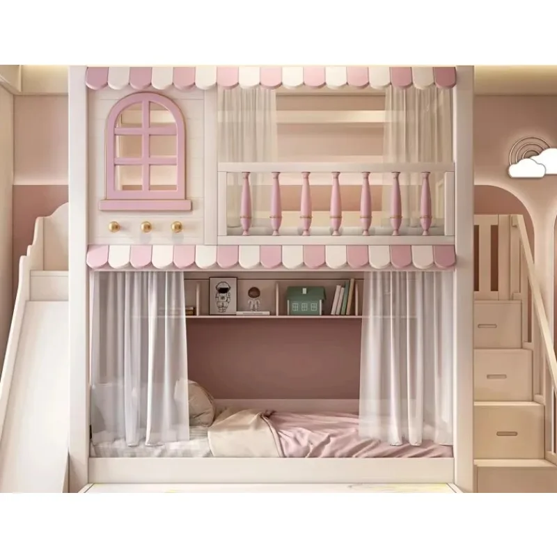

Pink upper and bunk beds, all solid wood high and low structures on the roof, windows with guardrails, slides