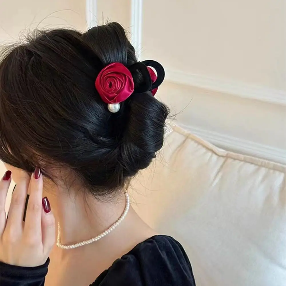 Pinza de agarre para el pelo con lazo de terciopelo con perlas para niña, pinza para el pelo con flores, rosa roja, tocado de estilo coreano, diadema de terciopelo