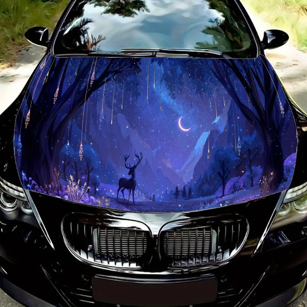

Moonlit Night Spirit Deer Car Vinyl Wrap, PVC Waterproof Car Hood Sticker, Self-Adhesive Scratch-Resistant Stickers for Engine C