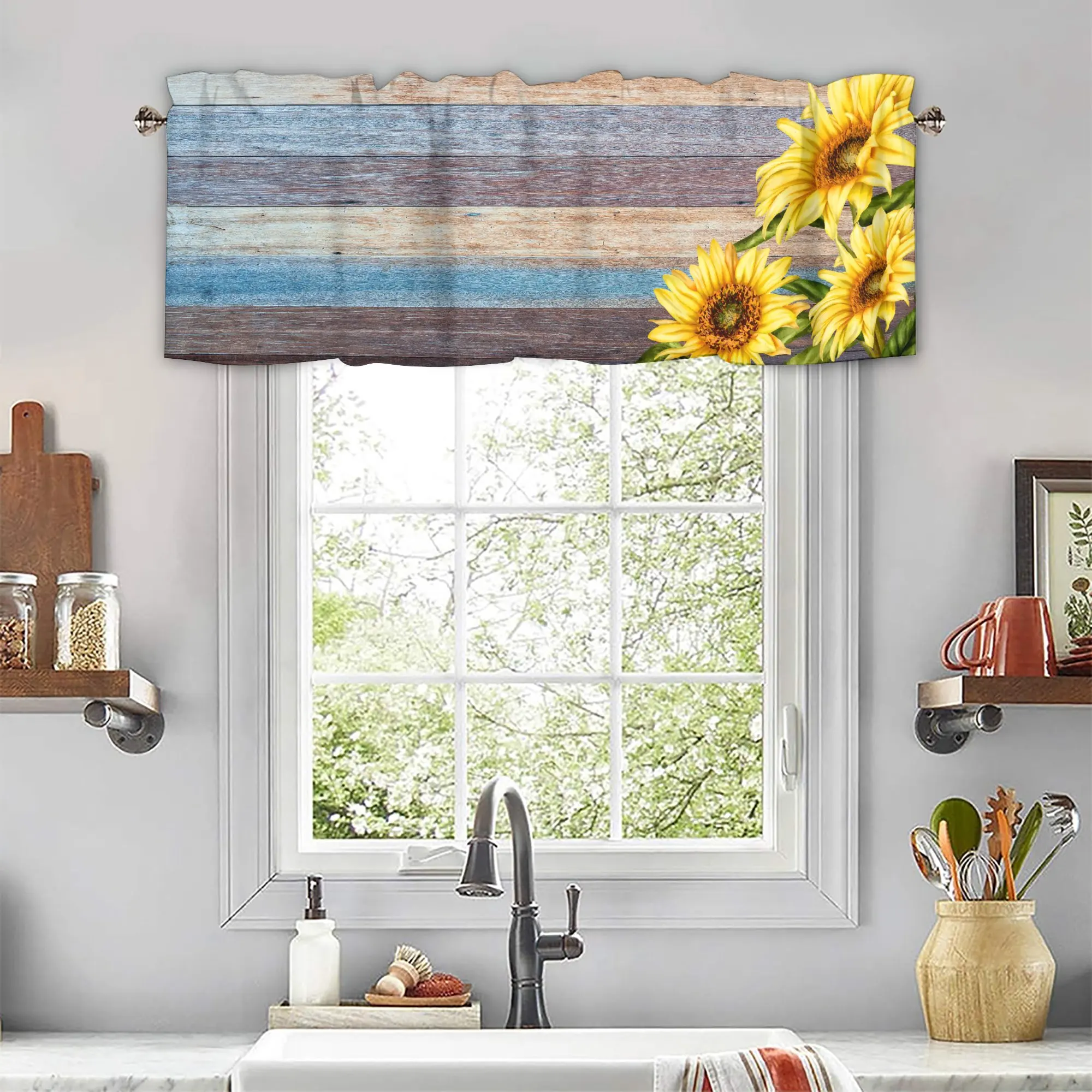 Sunflower Valances Curtains for Window Vintage Brown Wood Grain Curtain Valance for Kitchen Bedroom  Decor with Rod Pocket