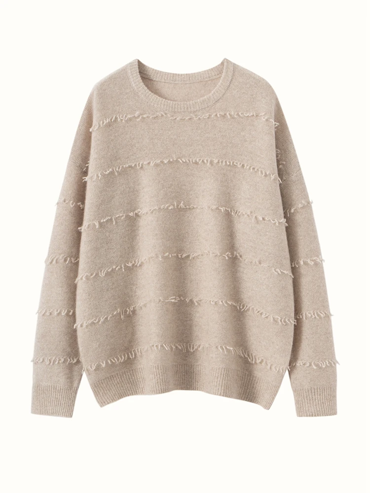 

M.Chic Women's 100% Cashmere Tassel Knit Sweater Autumn Winter Grace O-Neck Pullover Warm Soft Casual Loose Cashmere New Tops