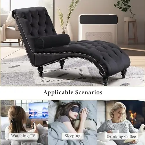 Chaise longue capitonnè in velluto con gambe in legno, divano reclinabile per interni blu