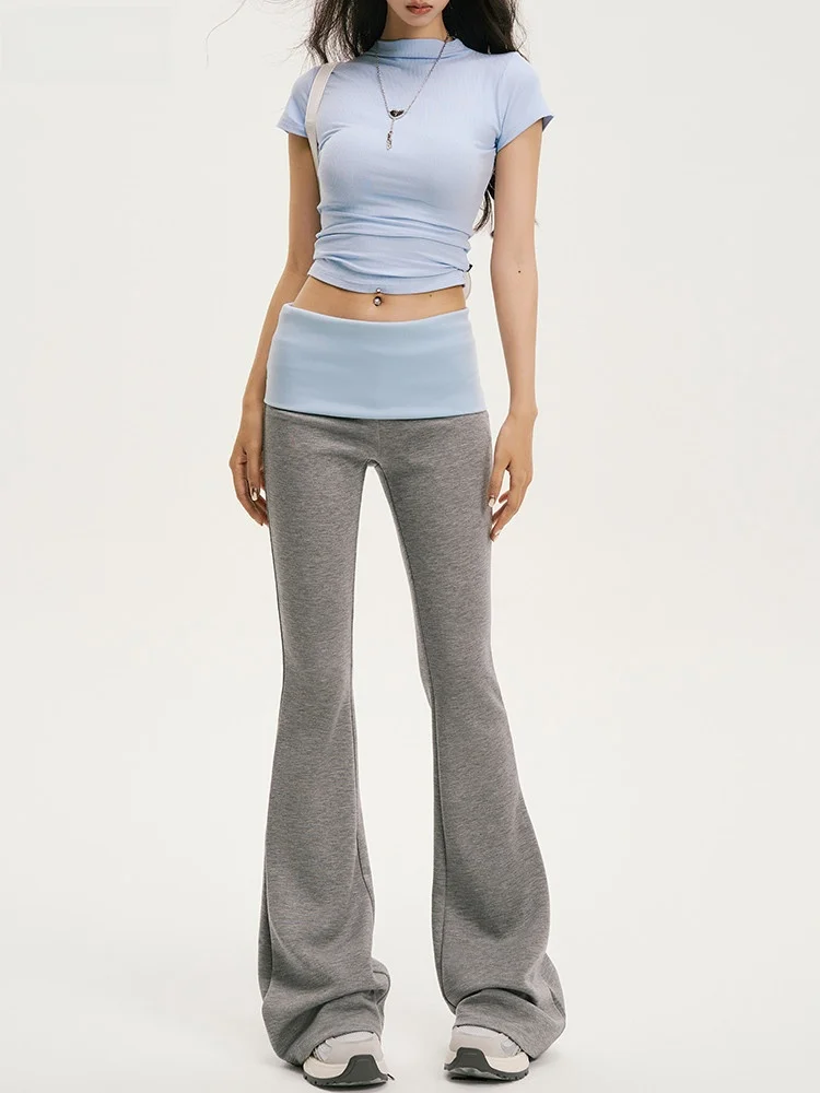 TGXQ American Color Block Flared Casual Pants Women's Low Waist Drape Elastic Grey Sweatpants Spring 2026 New Style