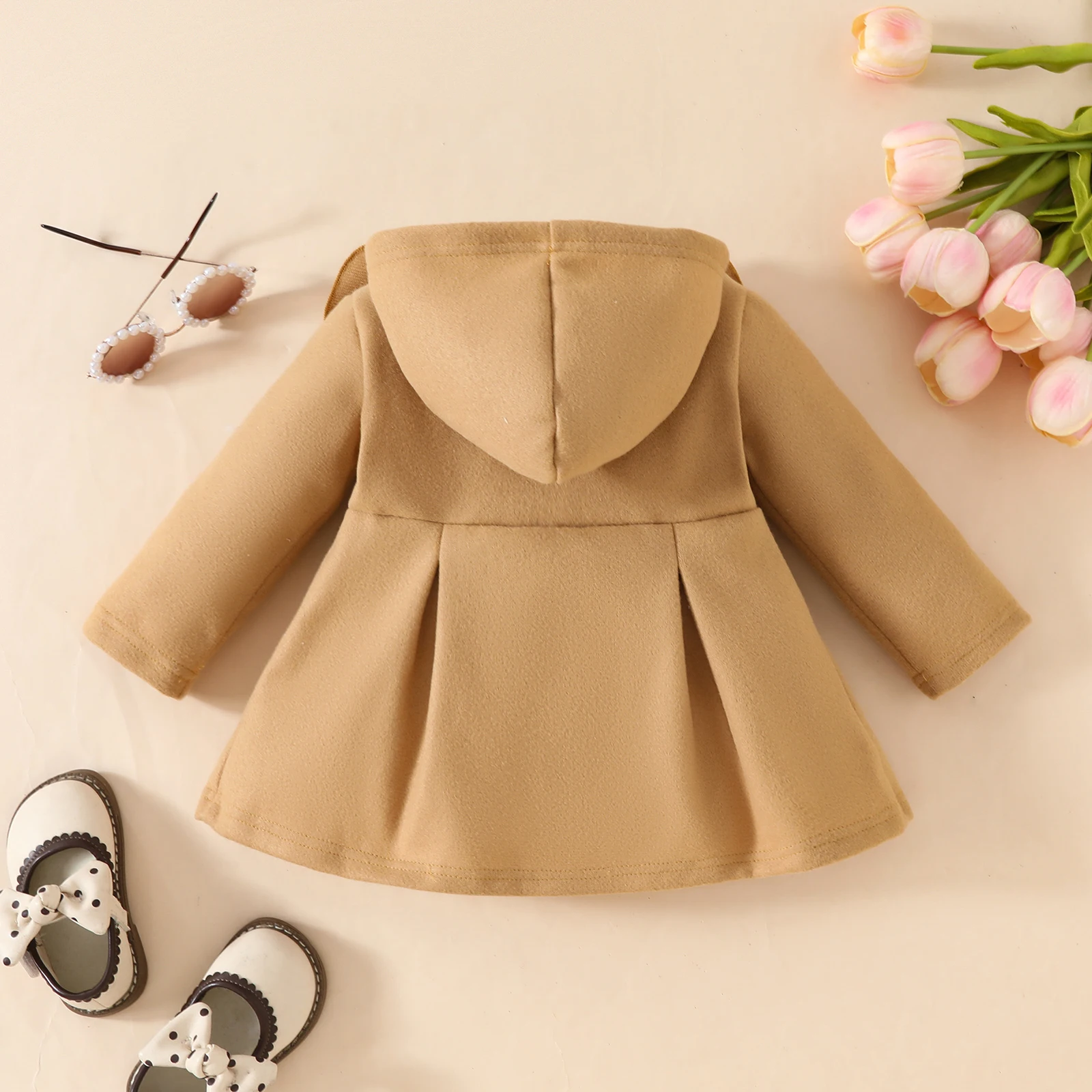 Solid hooded single-breasted coat for babies and girls in autumn and winter