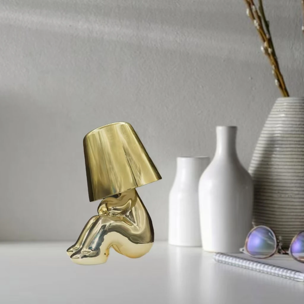 Bedside Touch Table Lamp, Creative Small Silver Man Decorative Thinking Man Statue LED Table Lamp, USB Rechargeable 3 Levels Bri