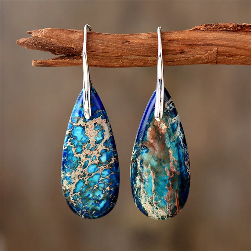 Summer New Emperor Stone Bohemian Style Droplet Pendant Earrings for Women Fashion Natural Stone Earrings Jewelry Accessories