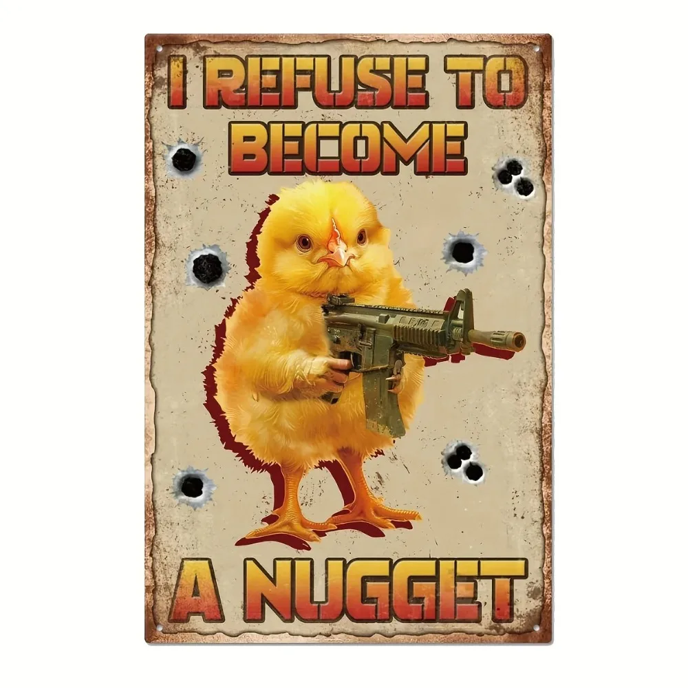 Aluminum metal sign,vintage plaque,man cave decor,funny chick rifle I refuse to become a nugget bullet hole rusted wall ornament