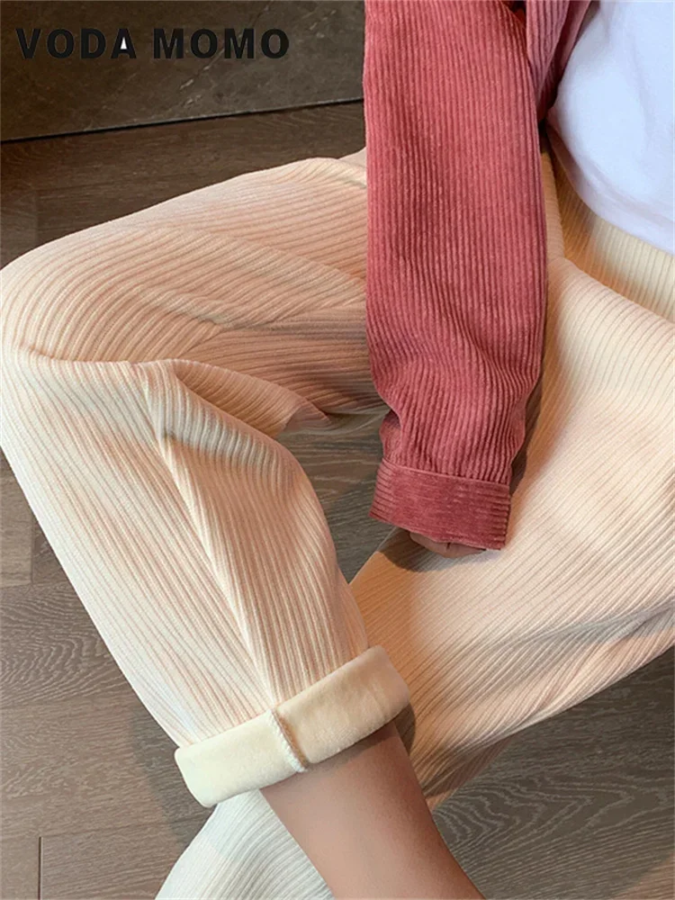 Solid Color Thickening Harem Trousers Casual Baggy Pants Women Elastic High Waist Plus Velvet Straight Trousers Autumn Winter
