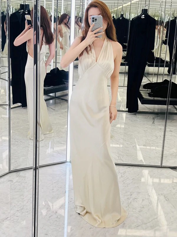 

Ele Slimming Satin Fi Tail Dr V Ne Hanging Strap Long Skirt Sexy Pleated Summer Faionable Women's Dr