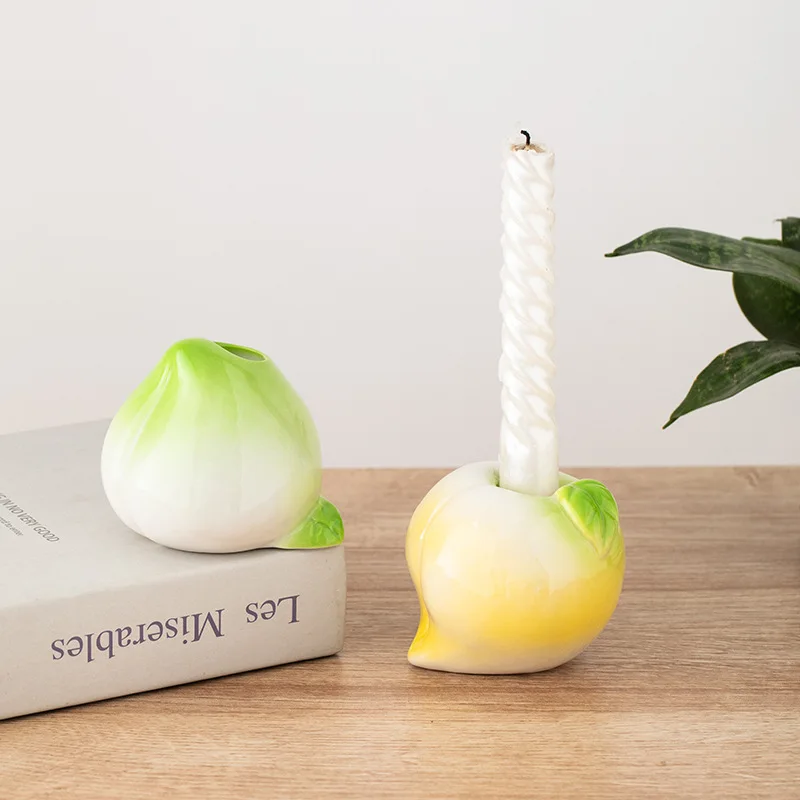 Gradient Peach Ceramic Taper Candle Holder,CuteFruit Candlestick for DiningBedroom AestheticTabletop Fragrance HomeDecorOrnament