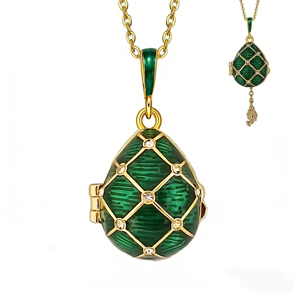 Vintage Green Enamel Faberge Egg Necklace Gold Plated Russian Pendant Openable Easter Angel Ladybug Charm Gift for Women