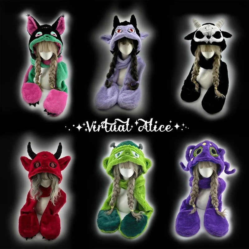 alice-original-dark-y2k-cartoon-peluche-3-in-1-cappello-sciarpa-guanti-inverno-caldo-protezione-per-le-orecchie-nicchia-gotica-accessorio-resistente-al-freddo