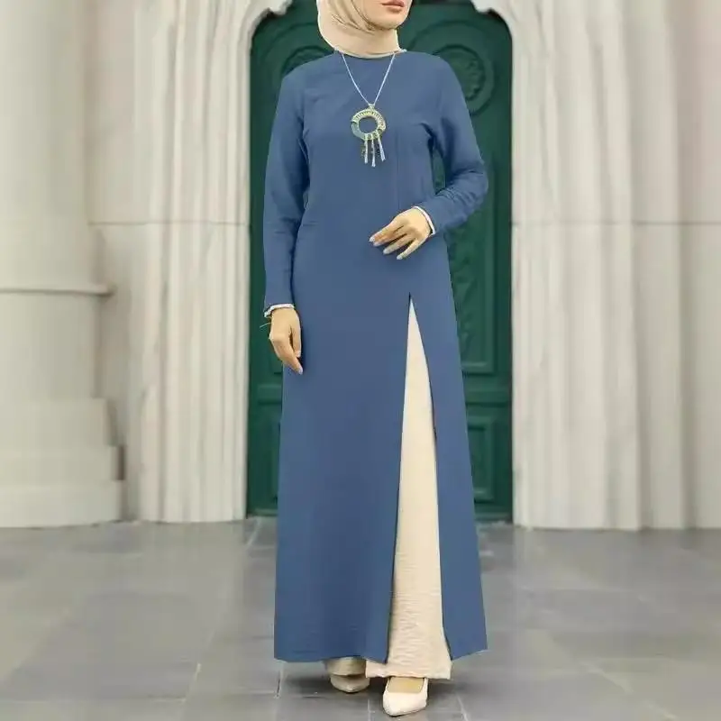 

Muslim Robe Set Ice Silk Long Sve High Slit Color Elegance Gown Women's Ethnic Faion Stage Costume Autumn 2023