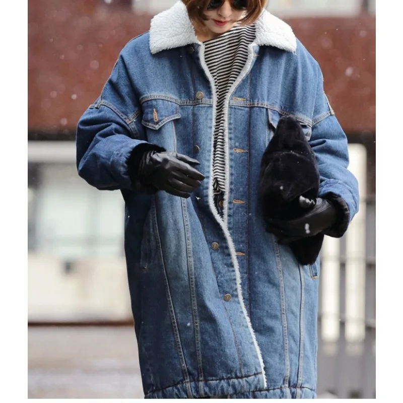 

Autumn and Winter New Velvet Denim Jacket Thickened Medium and Long Lamb Wool Cotton Coat Women's
