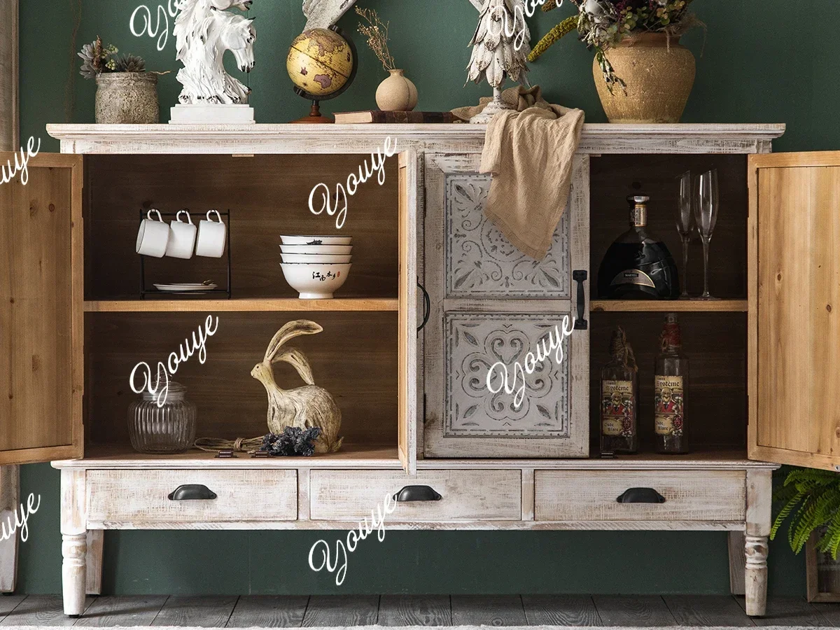 FD MX French Distressed Vintage Second-hand Doorway Shoe Cabinet Bohemian Entrance Cabinet Sideboard Country Storage Mystery O